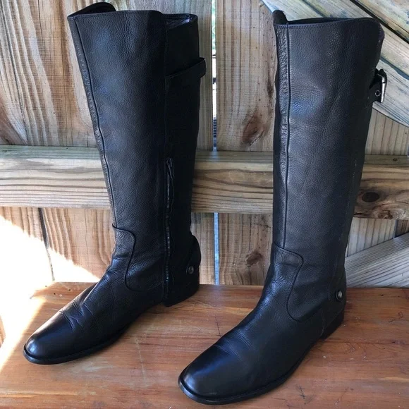 Zara Tall Black Textured Leather Low Heel Back Buckle Side Zip Riding Boots 9